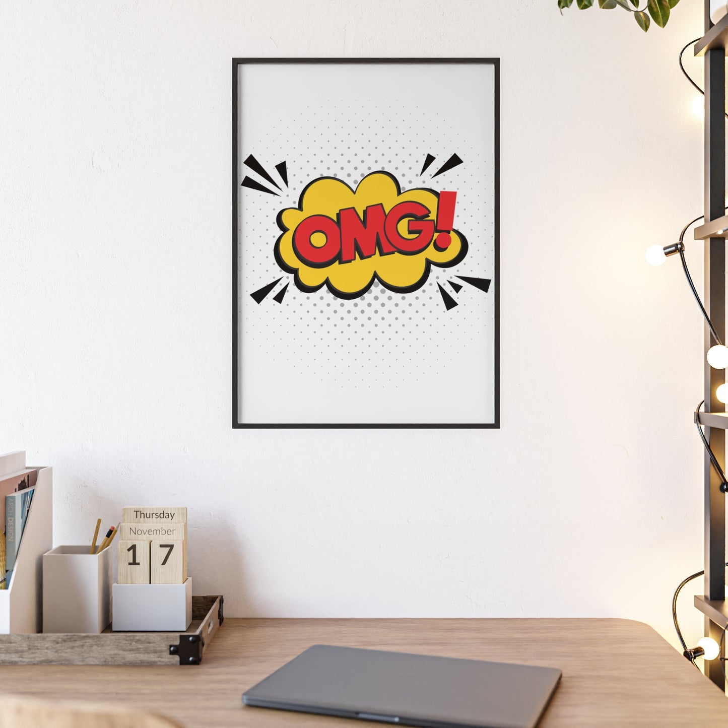 Comic "OMG!" Poster with Wooden Frame — Pop Art Wall Decor