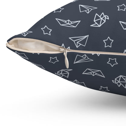 Navy Paper Plane & Star Pattern Square Pillow — Playful Kids Room Decorative Throw Pillow