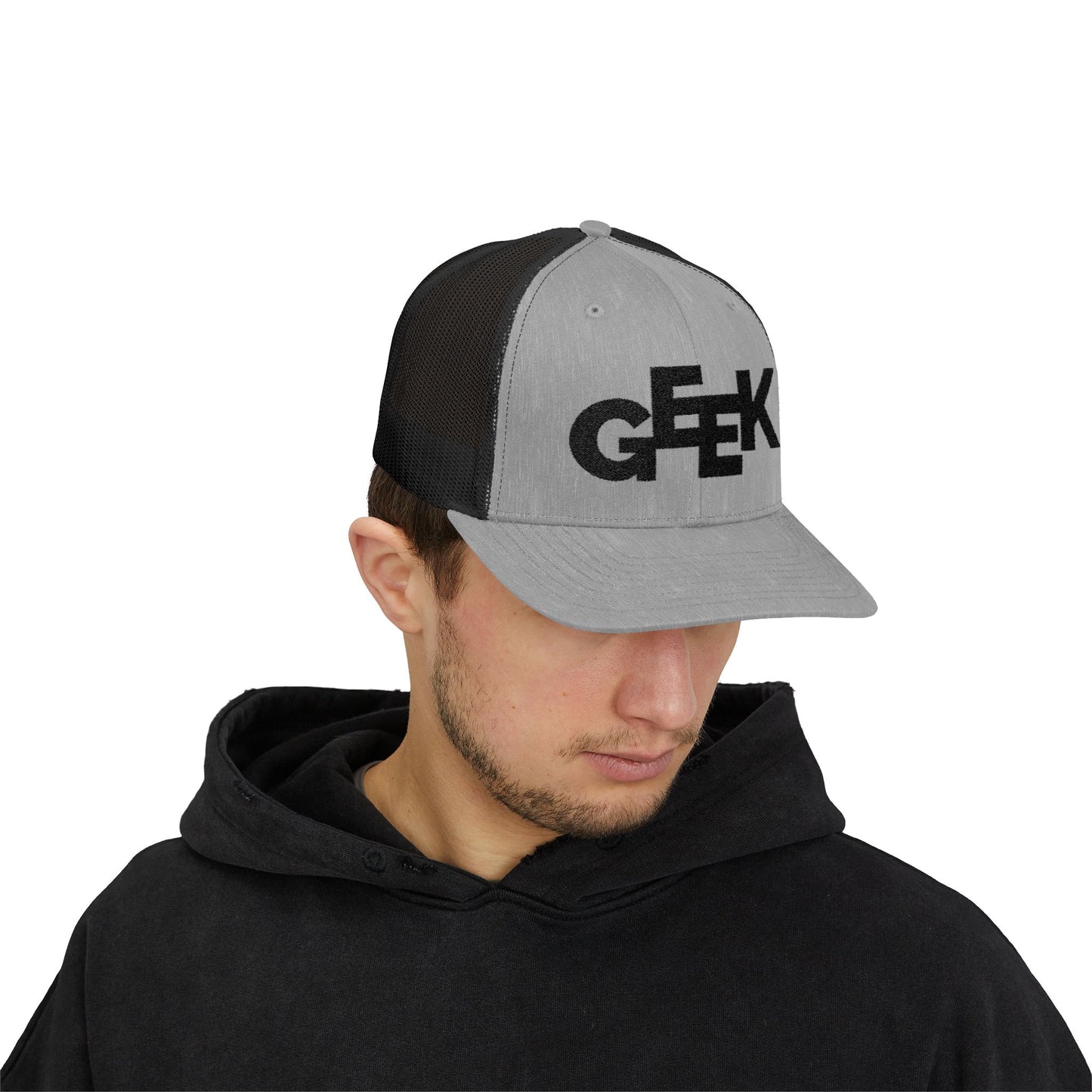 Geek Trucker Cap – Retro Text Logo Snapback Hat
