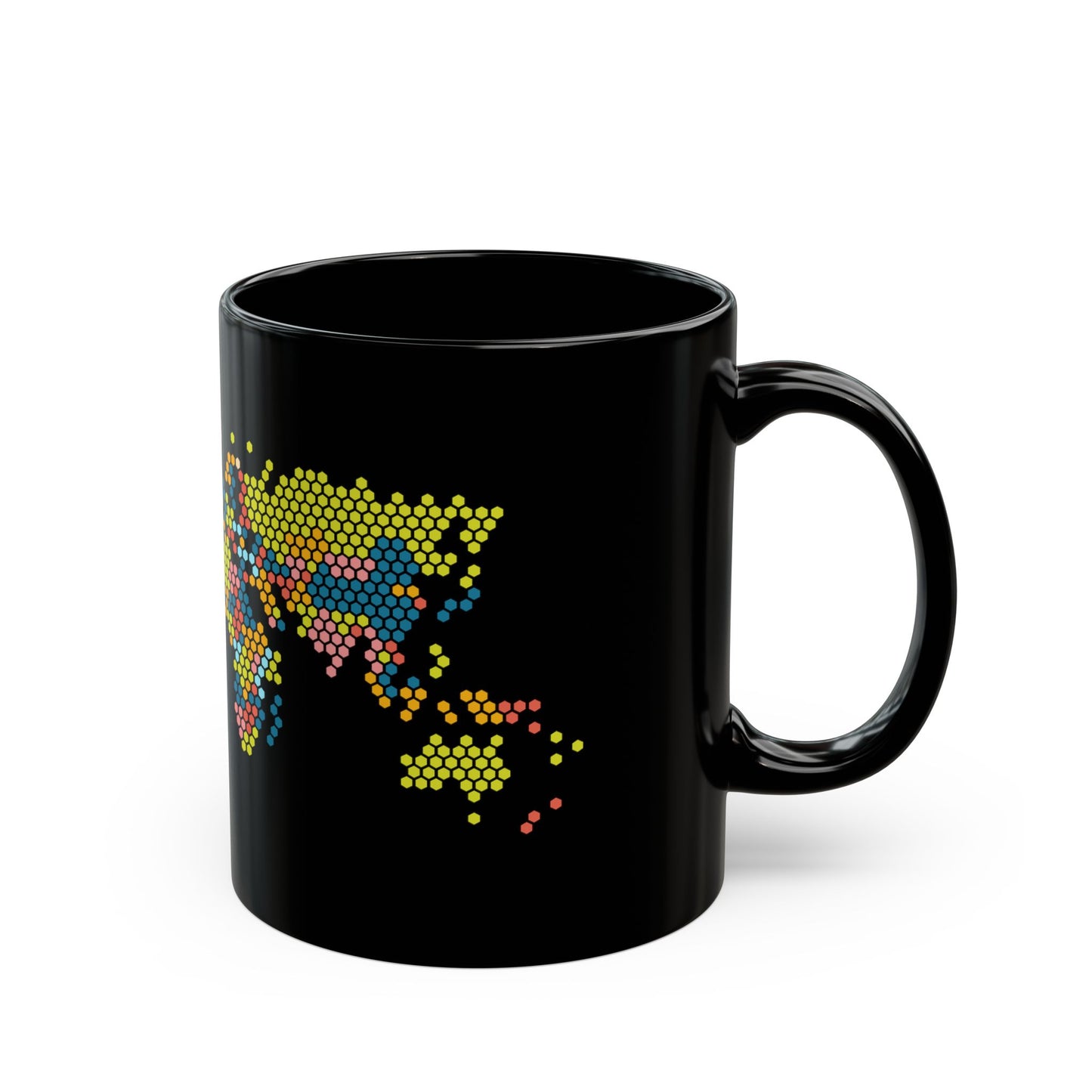 Pixel Dot World Map Black Mug – Colorful Travel Coffee Cup (11oz & 15oz)
