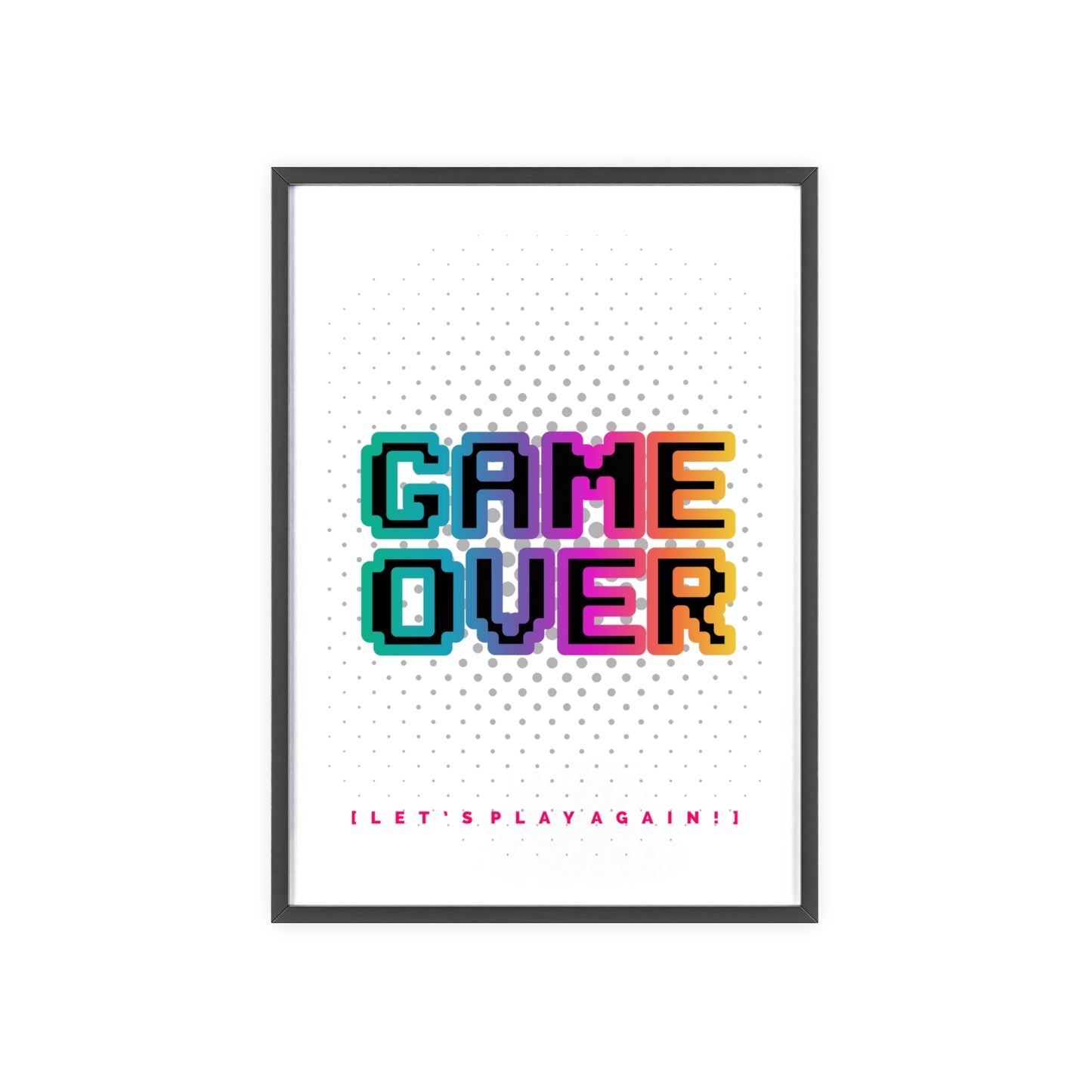 Game Over Poster with Wooden Frame — Retro Pixel Arcade Wall Art ("Let's Play Again")