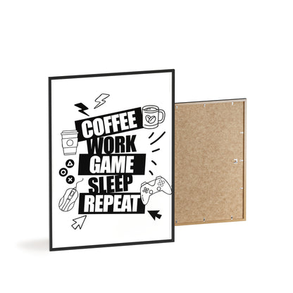 Coffee Work Game Sleep Repeat Poster — Framed Wall Art for Gamers & Office