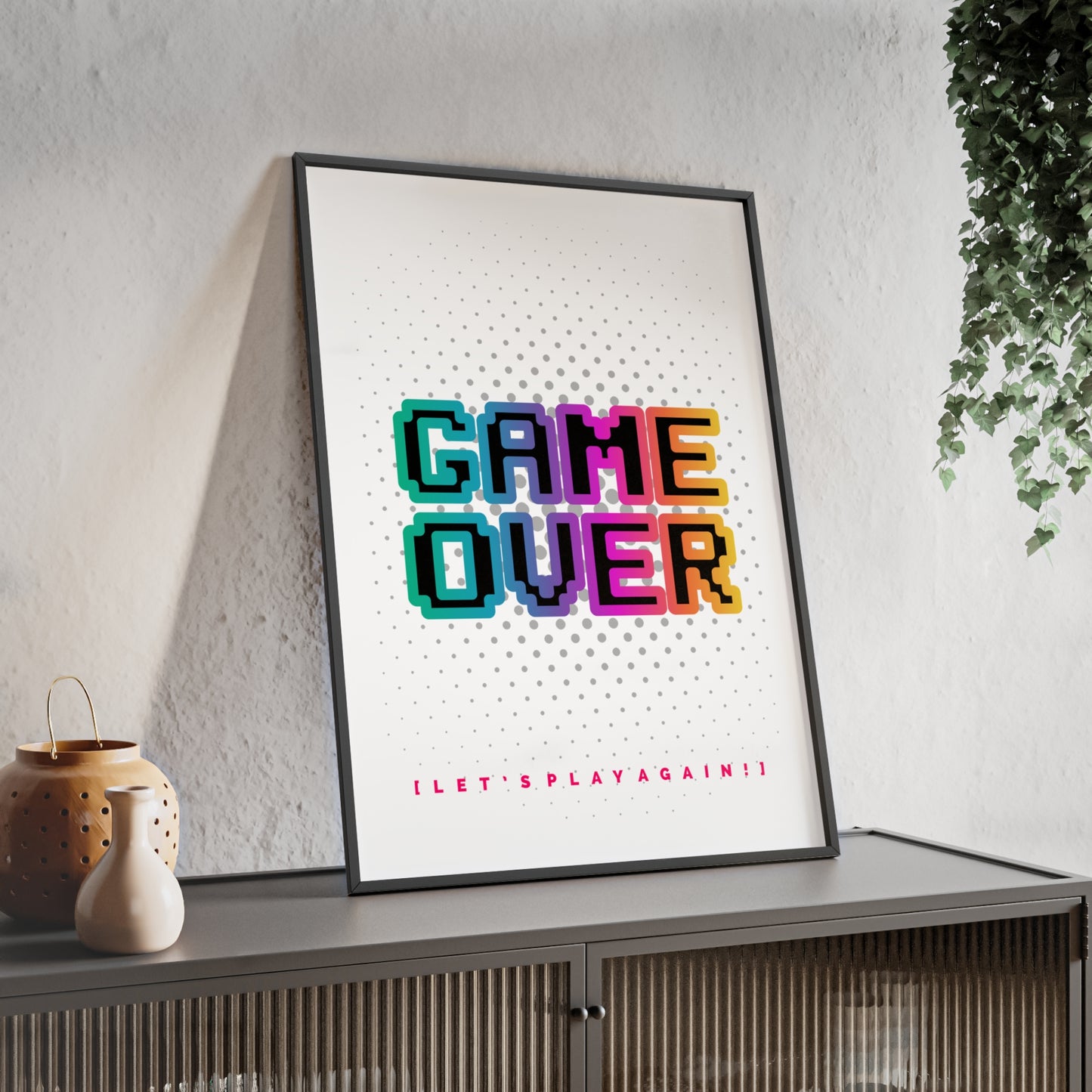Game Over Poster with Wooden Frame — Retro Pixel Arcade Wall Art ("Let's Play Again")