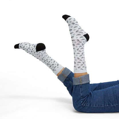 Minimal Doodle Socks — Monochrome Abstract Pattern Sublimation Crew Socks