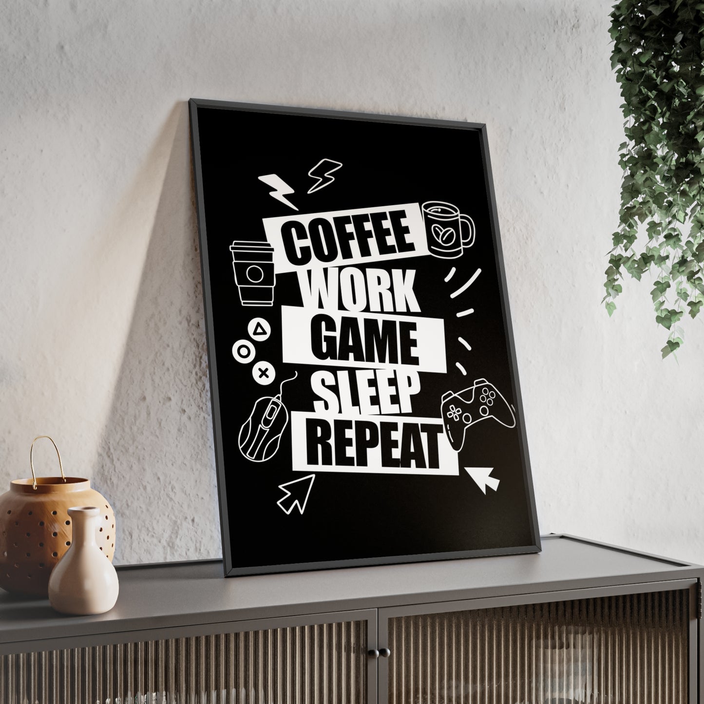 Coffee Work Game Sleep Repeat Poster — Framed Gamer Wall Art