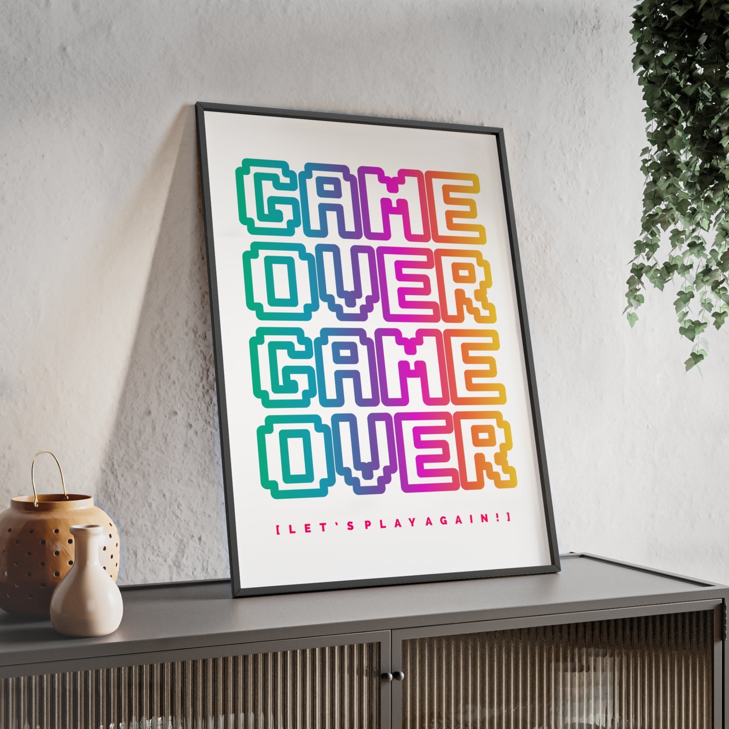 Game Over Poster with Wooden Frame — Retro Pixel Typography Wall Art (Let’s Play Again!)
