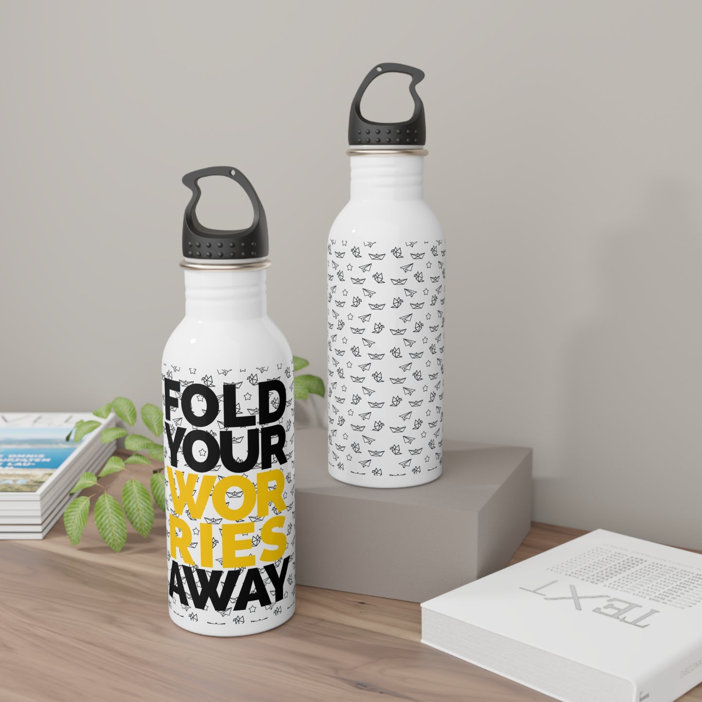 Fold Your Worries Away Stainless Steel Water Bottle — Inspirational Travel Bottle