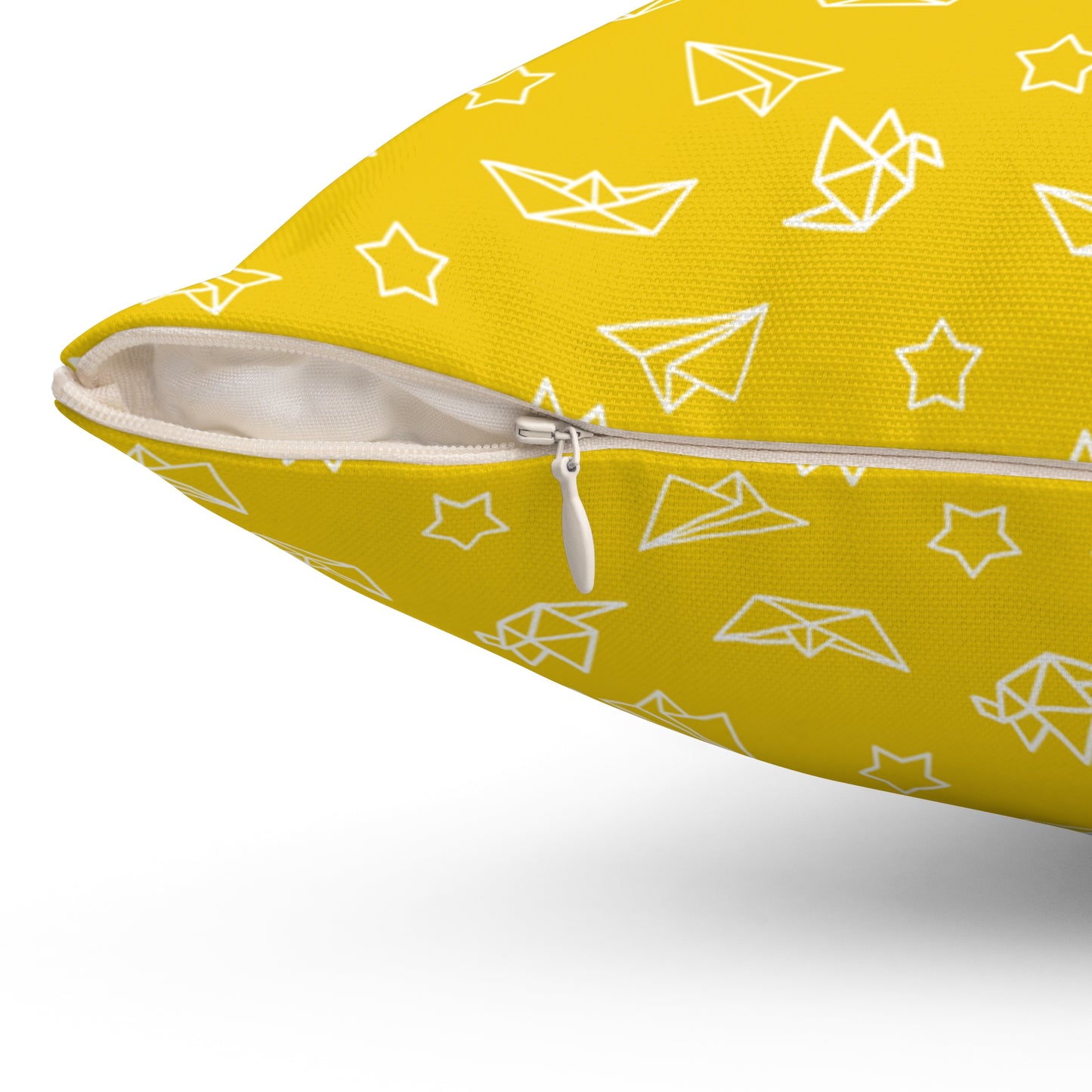 Yellow Origami Pattern Throw Pillow — Paper Boat & Star Decorative Cushion