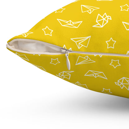 Yellow Origami Pattern Throw Pillow — Paper Boat & Star Decorative Cushion