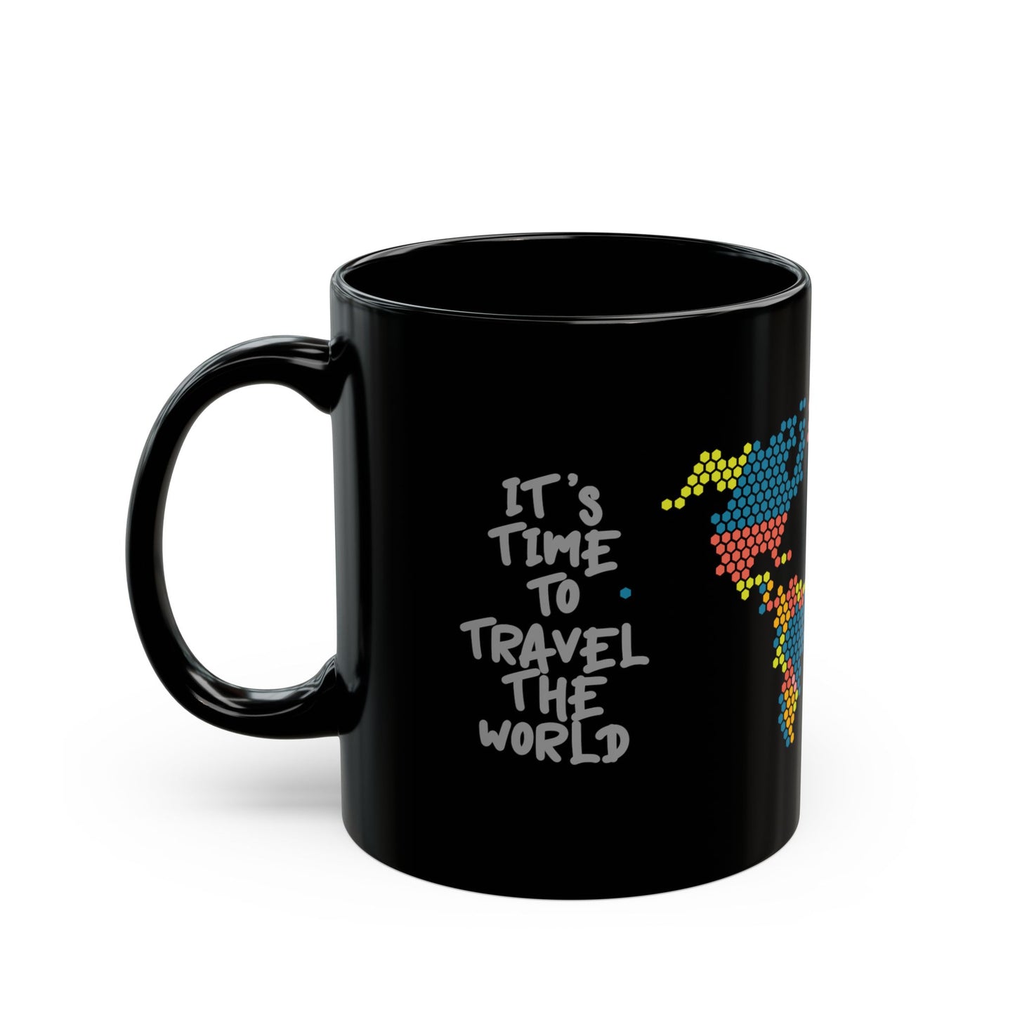 Pixel Dot World Map Black Mug – Colorful Travel Coffee Cup (11oz & 15oz)
