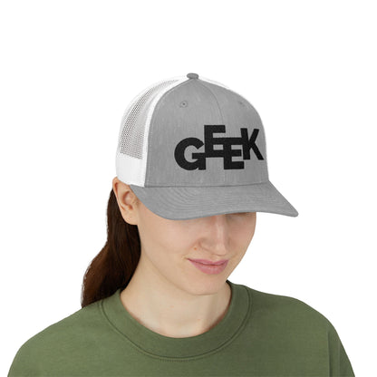 Geek Trucker Cap – Retro Text Logo Snapback Hat