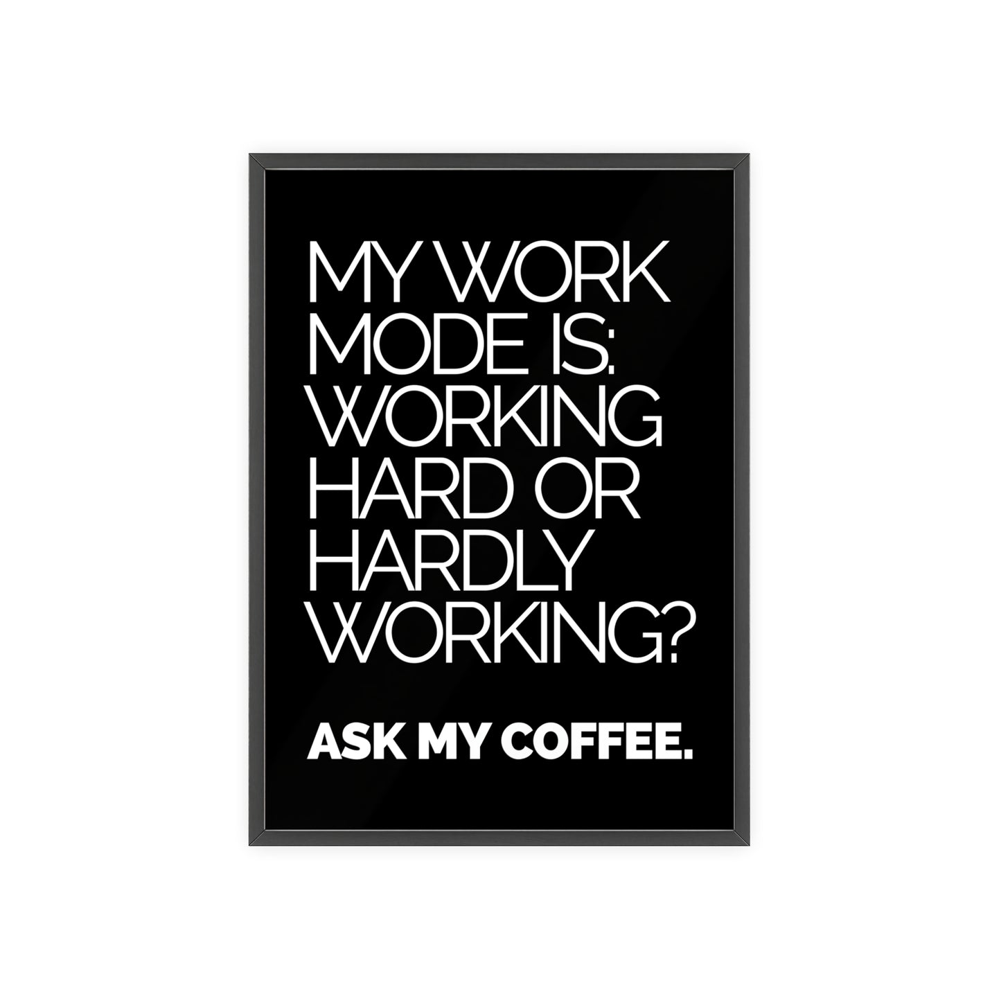 Framed Poster – “My Work Mode Is: Working Hard or Hardly Working? Ask My Coffee.” — Office Wall Art