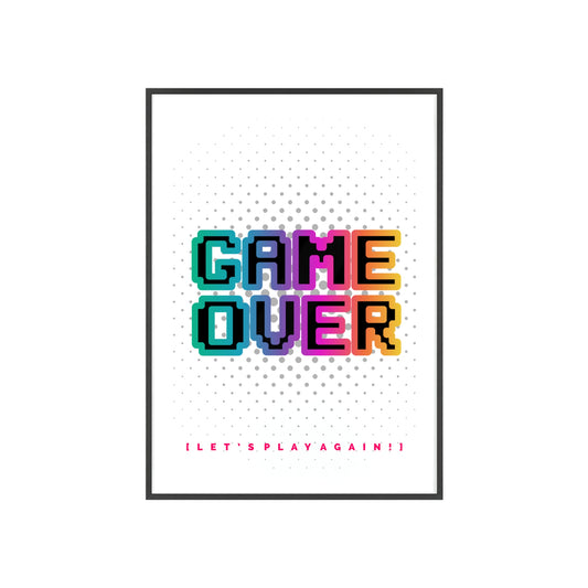 Game Over Poster with Wooden Frame — Retro Pixel Arcade Wall Art ("Let's Play Again")