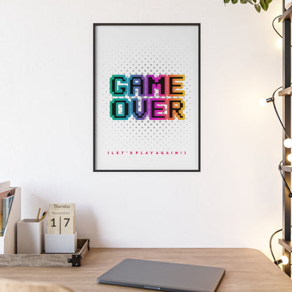 Game Over Poster with Wooden Frame — Retro Pixel Arcade Wall Art ("Let's Play Again")