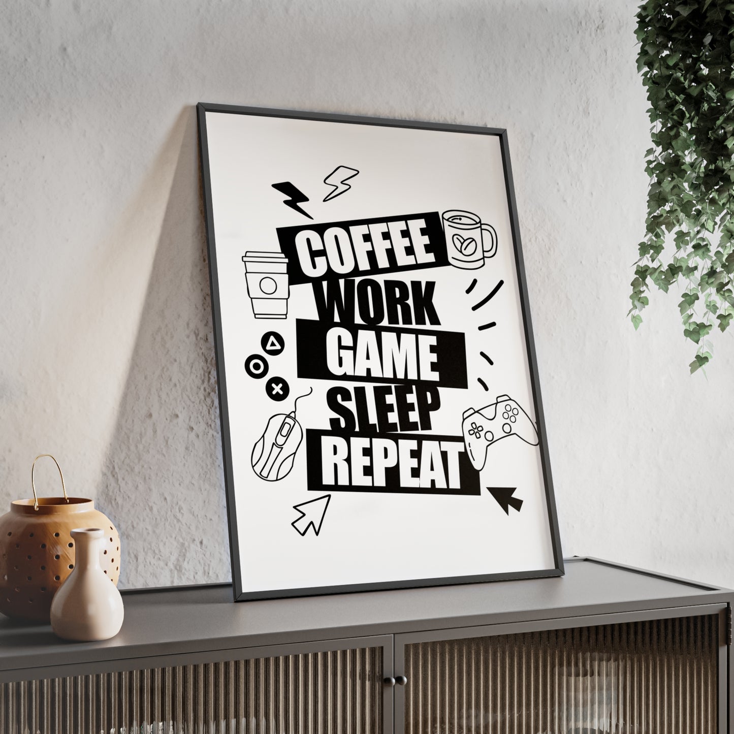 Coffee Work Game Sleep Repeat Poster — Framed Wall Art for Gamers & Office