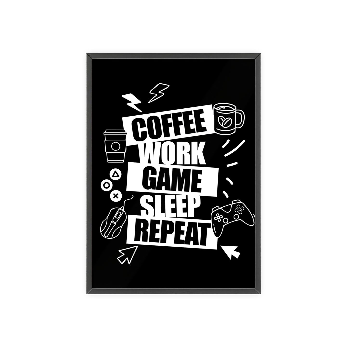 Coffee Work Game Sleep Repeat Poster — Framed Gamer Wall Art