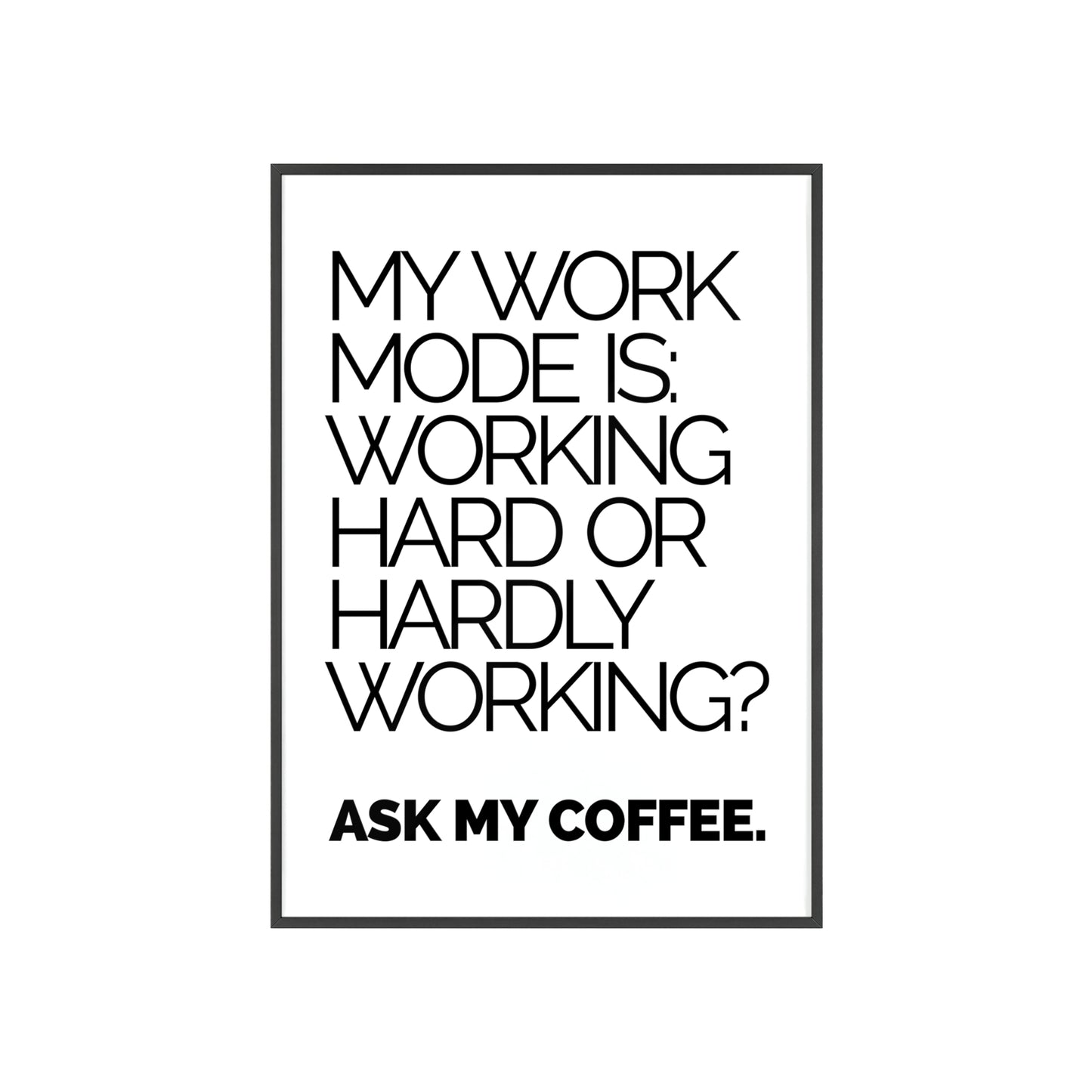 Framed Poster - “My Work Mode Is: Working Hard or Hardly Working? Ask My Coffee.” Minimal Office Wall Art