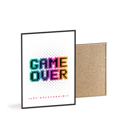 Game Over Poster with Wooden Frame — Retro Pixel Arcade Wall Art ("Let's Play Again")