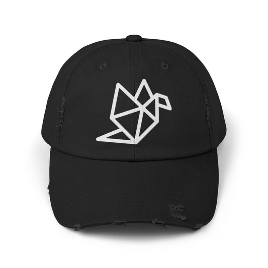 Distressed Origami Dove Cap — Minimalist Black Embroidered Hat