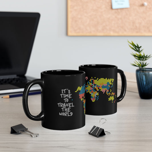 Pixel Dot World Map Black Mug – Colorful Travel Coffee Cup (11oz & 15oz)