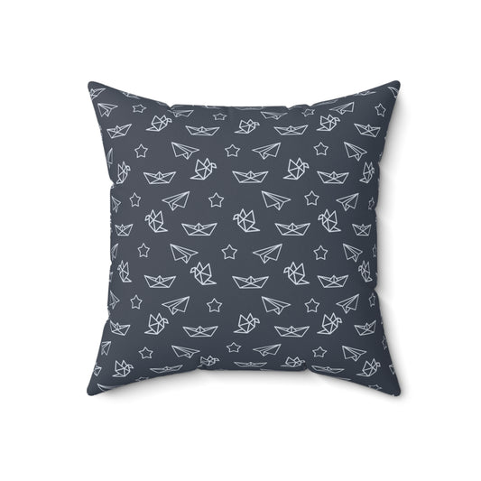 Navy Paper Plane & Star Pattern Square Pillow — Playful Kids Room Decorative Throw Pillow